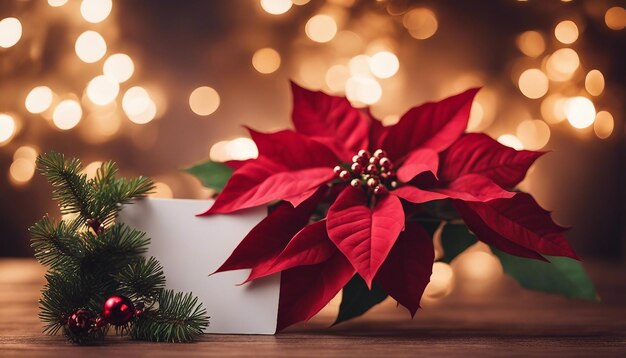 Christmas background with an empty card and poinsettias