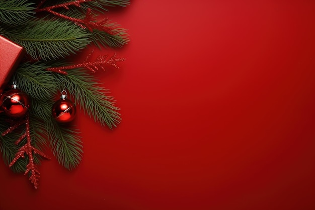 Christmas background with fir branches cones and gift box on red background