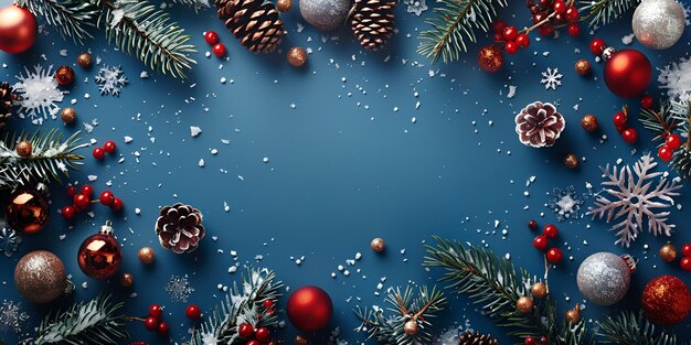 Christmas background with fir branches cones rowan berries and snowflakes