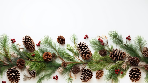 Christmas background with fir branches pine cones and berries on white background Flat lay