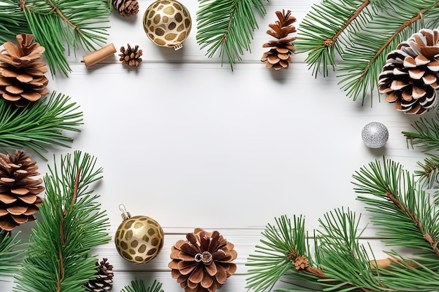 christmas background with fir branches pine cones christmas balls on white wooden background with