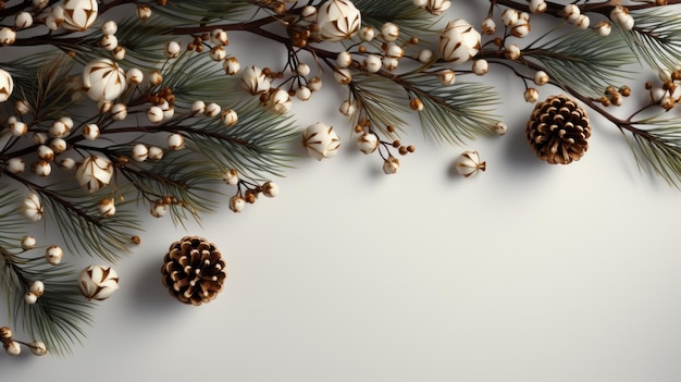 クリスマスの背景にモミの枝の松ぼっくり、AI が生成した空のスペース