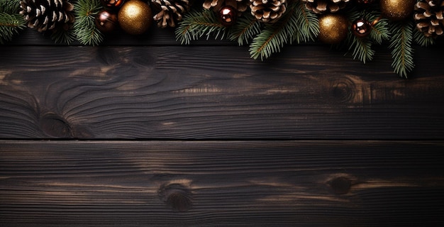 Christmas background with fir branches pine cones and golden baubles on dark wooden board