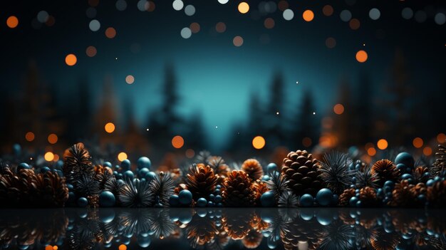 Christmas background with fir branches pine cones and lights AI generated