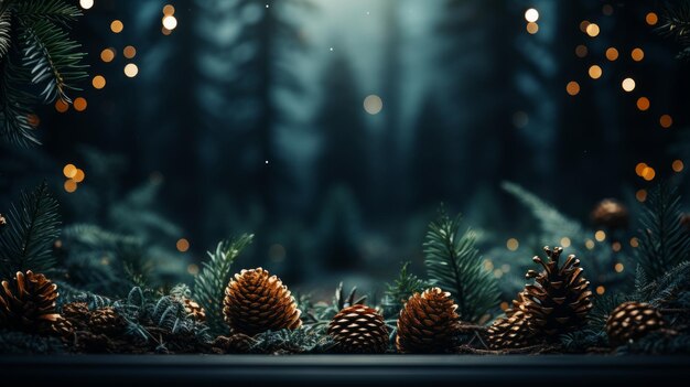 Christmas background with fir branches pine cones and lights AI generated