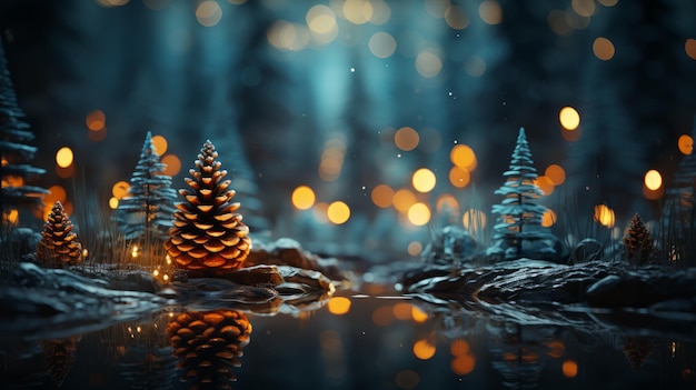 Рождественский фон с еловыми ветками, сосновыми шишками и огнями, сгенерированный AI