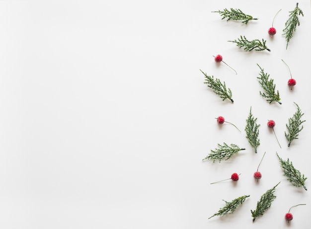 Christmas background with fir branches tree pinecone over white background.
