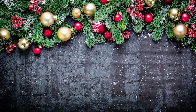 Фото Рождественский фон с елкой и декором верхний вид с копировальным пространством