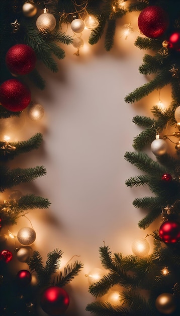 クリスマスの背景にモミの木の枝、クリスマスの装飾 コピー スペースとトップ ビュー