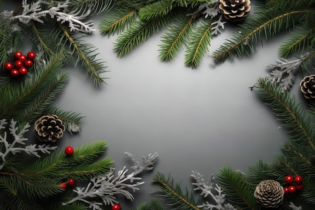 Photo christmas background with fir tree branches cones and berries on blackboard