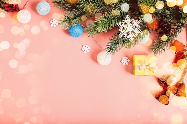 Christmas background with fir tree and decor. Top view with copy space ,  Christmas composition.