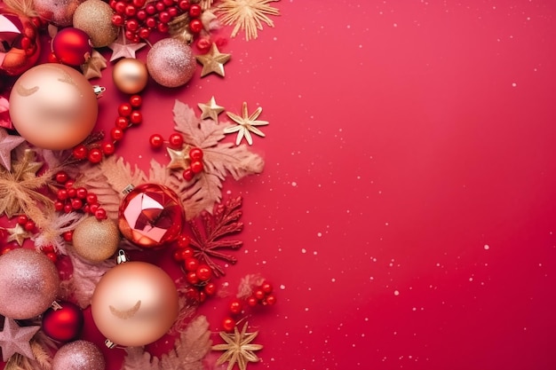 Foto sfondio natalizio con albero di abete e decorazione vista superiore con spazio di copia generativo ai