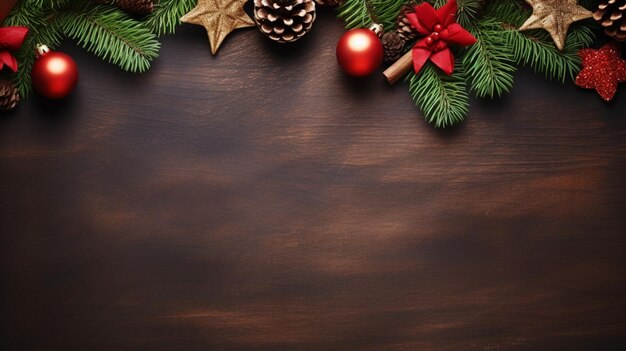 Christmas background with fir tree and decor Top view with copy space