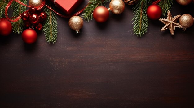 Christmas background with fir tree and decor Top view with copy space