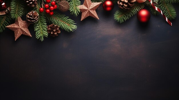 Christmas background with fir tree and decor Top view with copy space