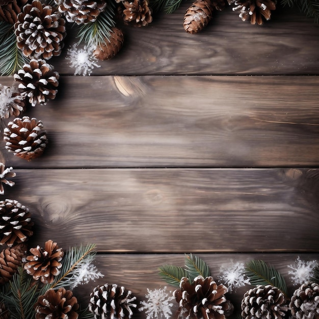 어두운 나무 보드에 전나무와 장식이 있는 크리스마스 배경크리스마스 배경에는 전나무 가지와 원뿔이 있고 어두운 나무 보드에 장식이 있습니다. 복사를 위한 공간 위에서 보기