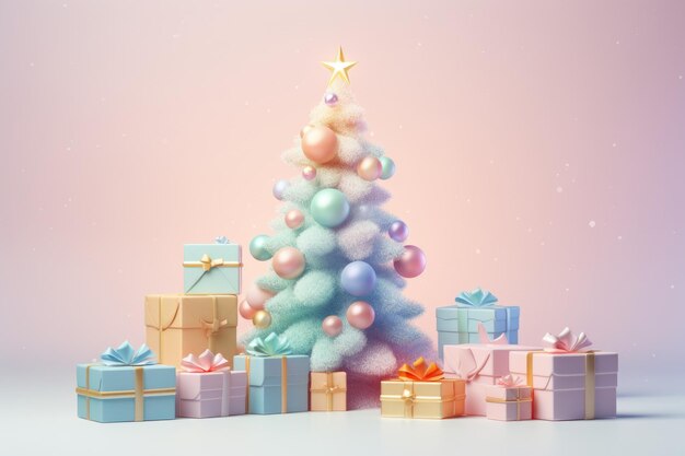 Photo christmas background with fir tree and gifts in soft pastel colors holliday xmas in 3d style