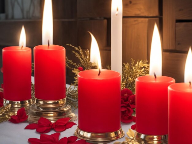 Christmas background with four white advent candles and golden decoration