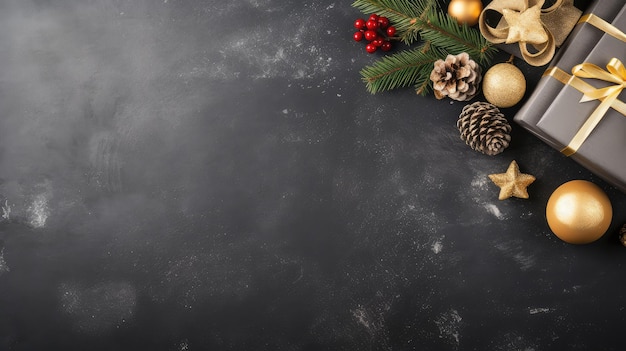 Christmas background with gift box and decorations on blackboard Top view with copy space