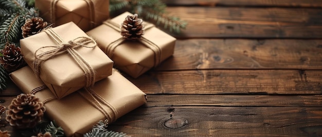 プレゼントボックスと4つの写真フレームのクリスマスの背景 ヴィンテージスタイルの木製の板 新年 冬の休日 コンセプト 写真やテキストのための空きスペース 上部のコピースペース