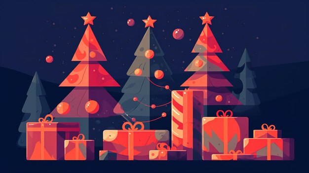 Фото Рождественский фон с подарочными коробками и елками генеративный ai