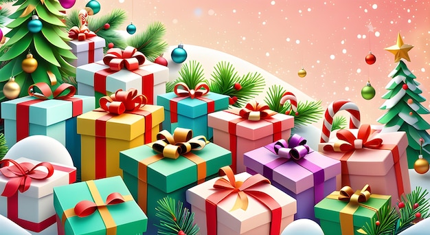 Christmas background with gift boxes and christmas tree Christmas illustration