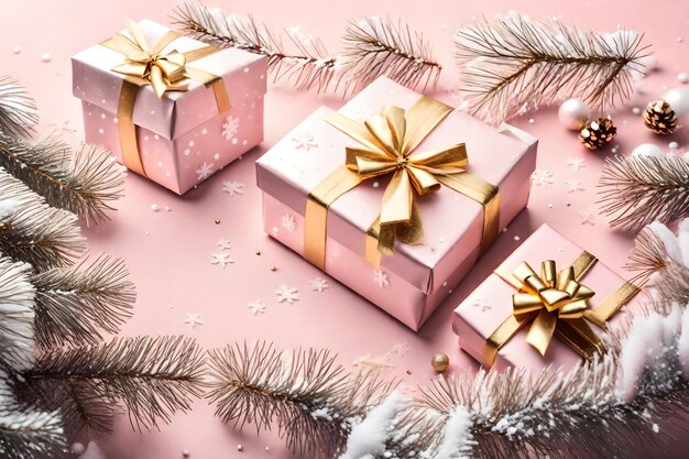 Photo christmas background with gift boxes fir tree and snow on pink background