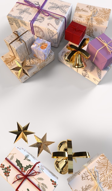 Photo christmas background with gift boxes and gold stars