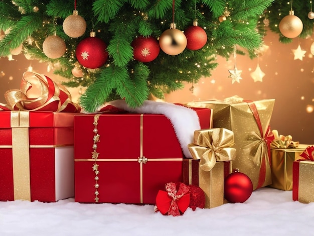 写真 クリスマス プレゼントボックスとバブルでクリスマスツリーの装飾