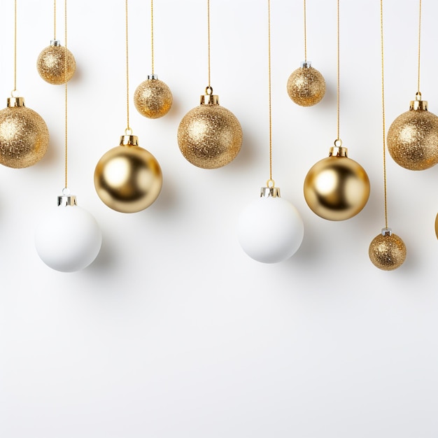 Christmas background with gold and white baubles on a white background