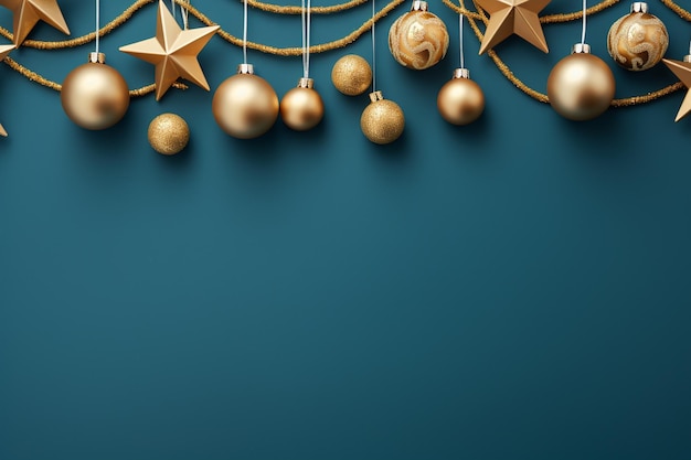 Christmas background with golden baubles on blue background 3d render