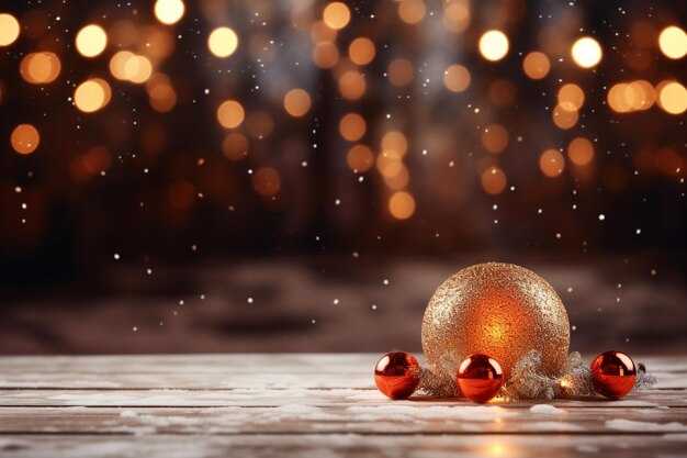 Christmas background with golden baubles on bokeh lights background