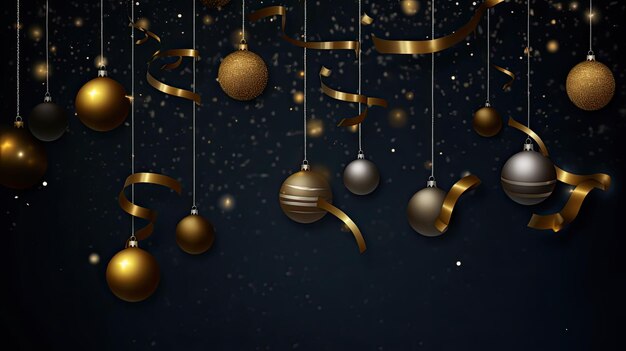 Christmas background with golden and black balls ribbons and snowflakes