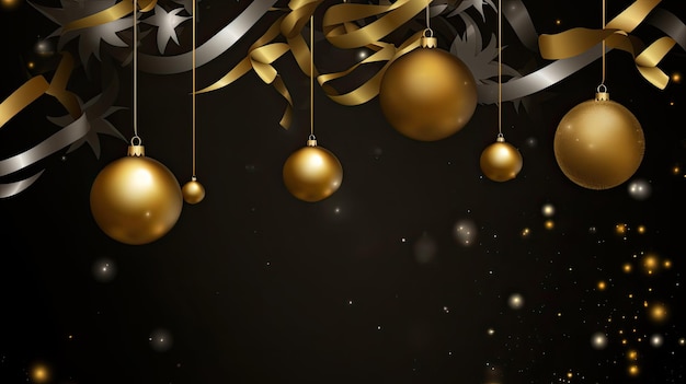 Рождественский фон с золотыми и черными шарами, лентами и снежинками.