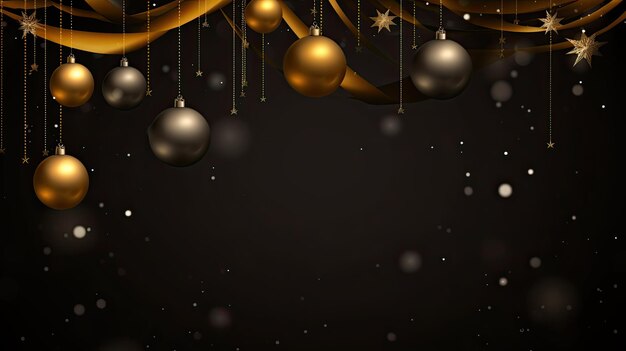 クリスマスの背景には金色と黒のボールリボンスノーフラークがあります