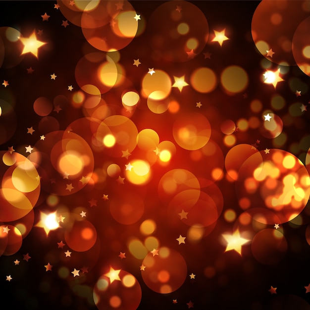 Sfondo di natale con luci bokeh dorate e design di stelle