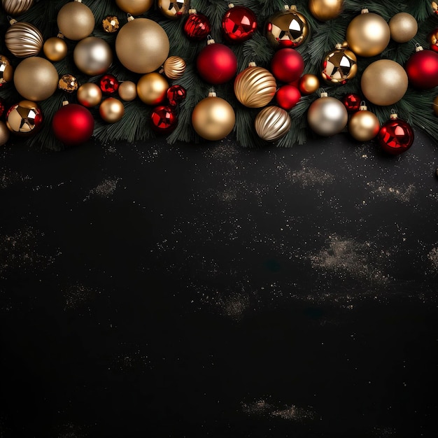 Christmas background with golden and red baubles and fir branches on black background