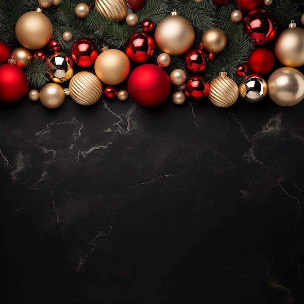 Christmas background with golden and red baubles and fir branches on black background