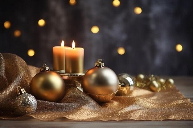 christmas background with golden toys and candle garland