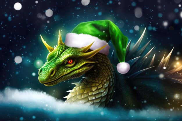 Christmas background with green dragon in santa hat