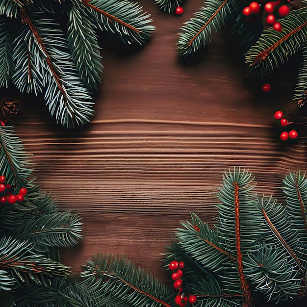 Christmas background with a green fir tree and red berries