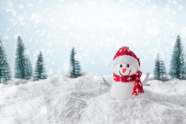 Christmas background with happy snowman standing in winter\
landscape. christmas greeting card.