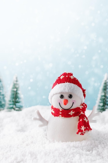 Christmas background with happy snowman standing in winter landscape.