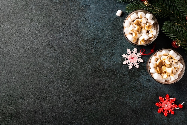 Christmas background with homemade hot chocolate, top view.\
winter cocoa. new year drink. flatlay with cocoa. christmas\
composition with cocoa. cosy drink.