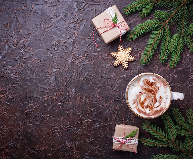 Christmas background with latte and gift boxes