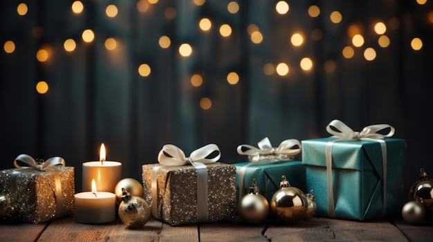 クリスマスの背景は新年の木の贈り物と背景の暖炉AIの生成です