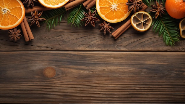 Christmas background with oranges cinnamon and star anise on wooden table