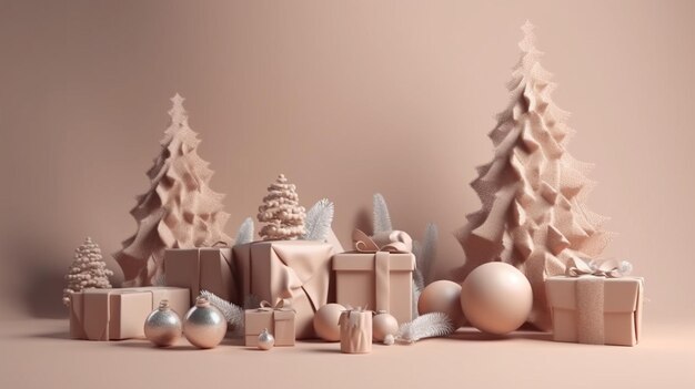 Christmas background with ornaments and gift boxesgenerative ai