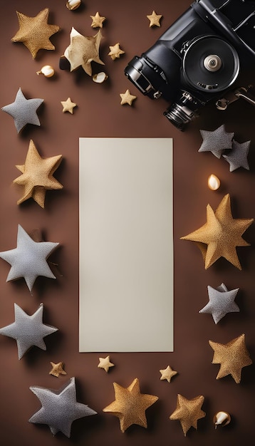 Christmas background with photo camera stars and blank paper sheet on brown