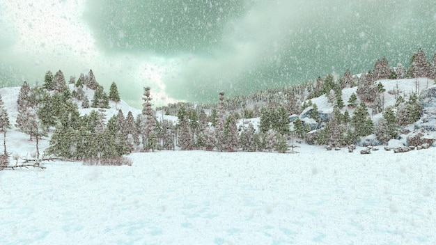 松の木と雪でクリスマスの背景。イラスト 3D レンダリング